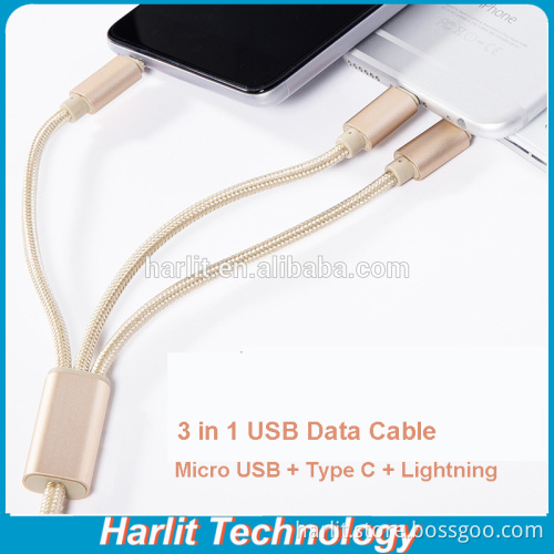 3 in 1 Fabric Weaved USB Data Cable For iPhone Android and Type C Tablet PC and Smart Phone Type C 3 in 1 USB Charger Cable